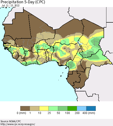 Western Africa Precipitation 5-Day (CPC) Thematic Map For 7/11/2022 - 7/15/2022