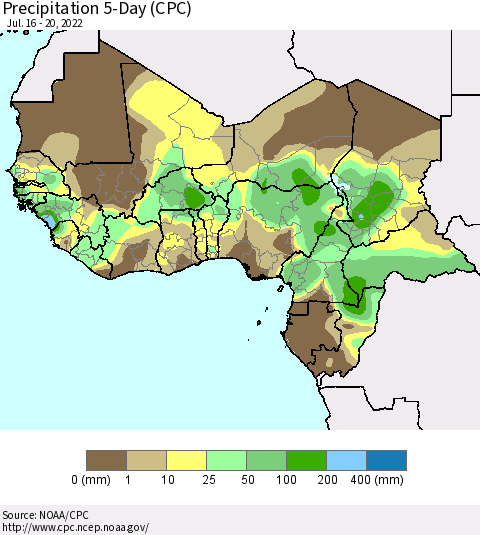 Western Africa Precipitation 5-Day (CPC) Thematic Map For 7/16/2022 - 7/20/2022