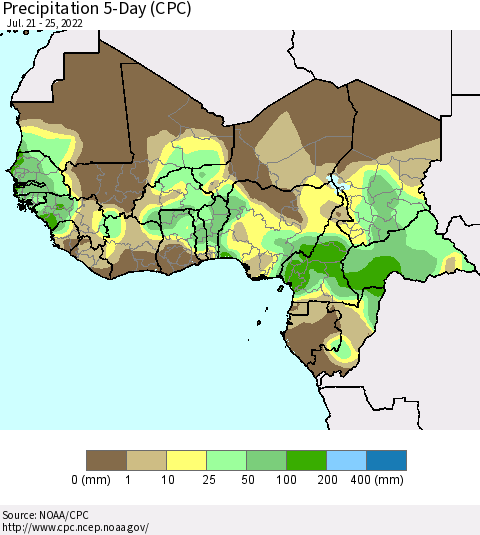 Western Africa Precipitation 5-Day (CPC) Thematic Map For 7/21/2022 - 7/25/2022