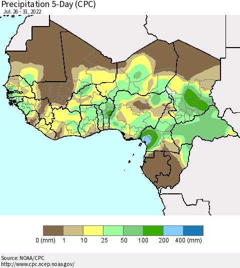 Western Africa Precipitation 5-Day (CPC) Thematic Map For 7/26/2022 - 7/31/2022