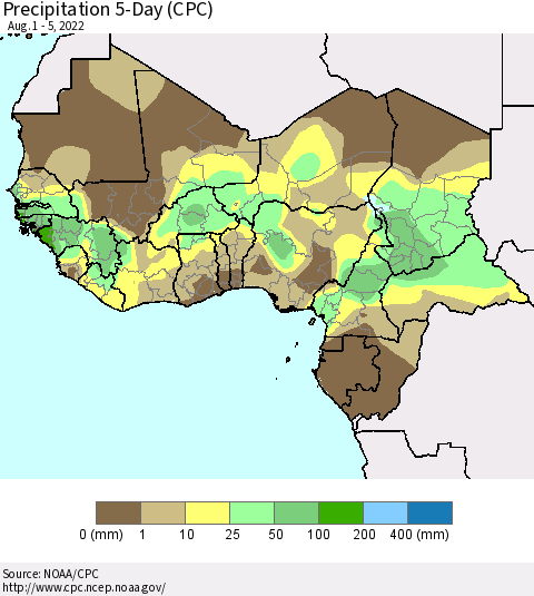 Western Africa Precipitation 5-Day (CPC) Thematic Map For 8/1/2022 - 8/5/2022