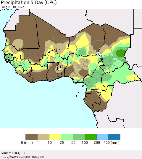 Western Africa Precipitation 5-Day (CPC) Thematic Map For 8/6/2022 - 8/10/2022