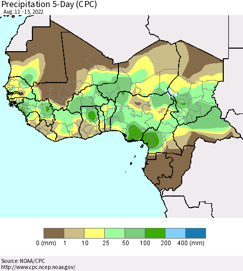 Western Africa Precipitation 5-Day (CPC) Thematic Map For 8/11/2022 - 8/15/2022