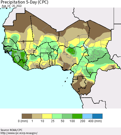 Western Africa Precipitation 5-Day (CPC) Thematic Map For 8/16/2022 - 8/20/2022