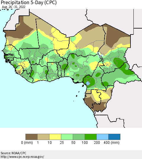 Western Africa Precipitation 5-Day (CPC) Thematic Map For 8/26/2022 - 8/31/2022