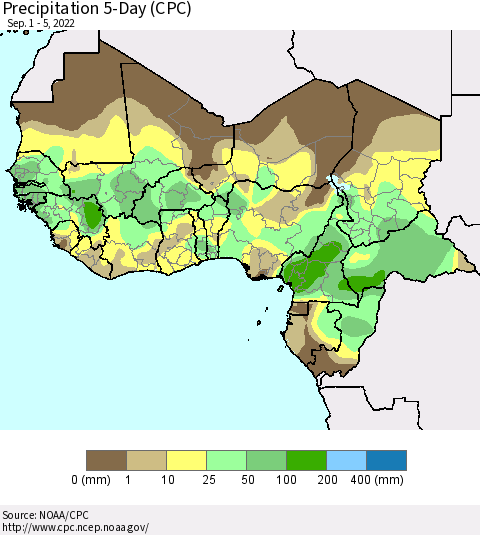 Western Africa Precipitation 5-Day (CPC) Thematic Map For 9/1/2022 - 9/5/2022