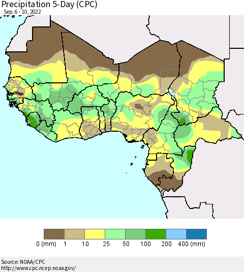 Western Africa Precipitation 5-Day (CPC) Thematic Map For 9/6/2022 - 9/10/2022