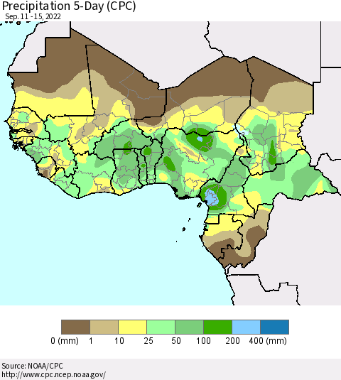 Western Africa Precipitation 5-Day (CPC) Thematic Map For 9/11/2022 - 9/15/2022