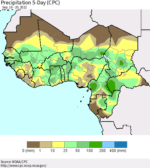 Western Africa Precipitation 5-Day (CPC) Thematic Map For 9/16/2022 - 9/20/2022