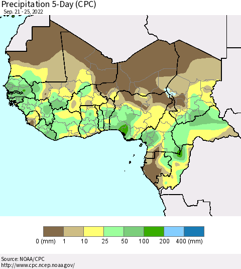 Western Africa Precipitation 5-Day (CPC) Thematic Map For 9/21/2022 - 9/25/2022