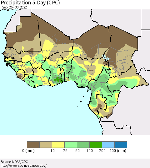 Western Africa Precipitation 5-Day (CPC) Thematic Map For 9/26/2022 - 9/30/2022