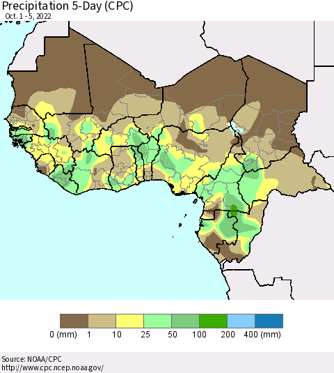 Western Africa Precipitation 5-Day (CPC) Thematic Map For 10/1/2022 - 10/5/2022
