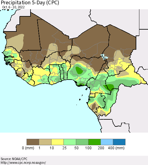 Western Africa Precipitation 5-Day (CPC) Thematic Map For 10/6/2022 - 10/10/2022