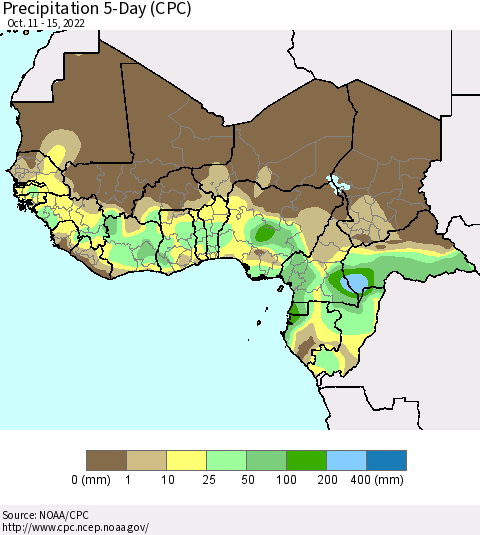 Western Africa Precipitation 5-Day (CPC) Thematic Map For 10/11/2022 - 10/15/2022