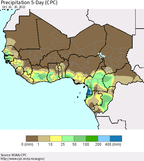 Western Africa Precipitation 5-Day (CPC) Thematic Map For 10/16/2022 - 10/20/2022