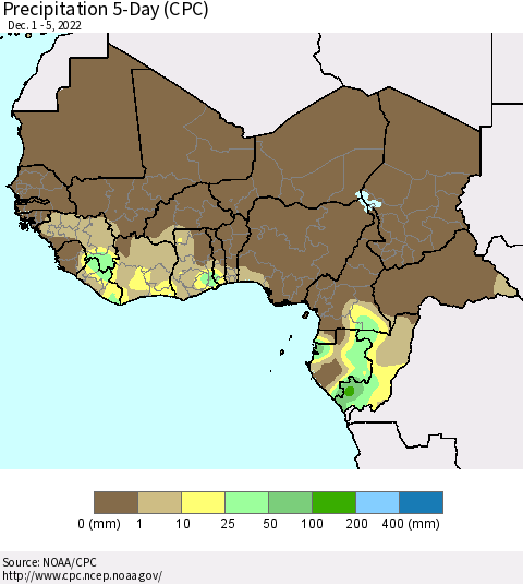 Western Africa Precipitation 5-Day (CPC) Thematic Map For 12/1/2022 - 12/5/2022