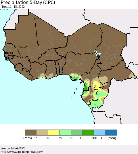 Western Africa Precipitation 5-Day (CPC) Thematic Map For 12/11/2022 - 12/15/2022
