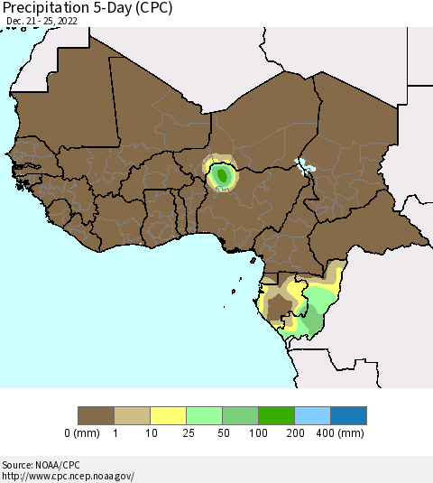 Western Africa Precipitation 5-Day (CPC) Thematic Map For 12/21/2022 - 12/25/2022
