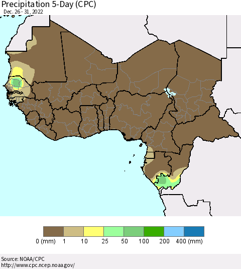 Western Africa Precipitation 5-Day (CPC) Thematic Map For 12/26/2022 - 12/31/2022