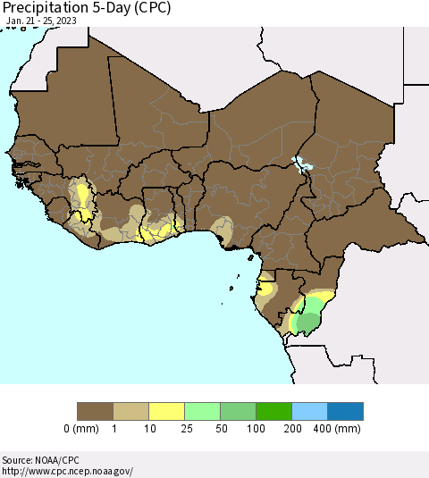 Western Africa Precipitation 5-Day (CPC) Thematic Map For 1/21/2023 - 1/25/2023