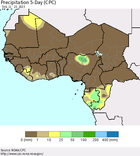 Western Africa Precipitation 5-Day (CPC) Thematic Map For 2/11/2023 - 2/15/2023