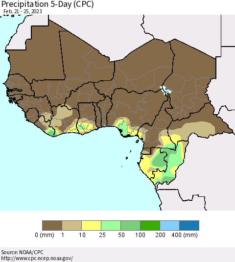 Western Africa Precipitation 5-Day (CPC) Thematic Map For 2/21/2023 - 2/25/2023