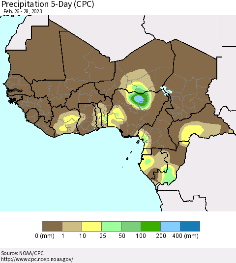 Western Africa Precipitation 5-Day (CPC) Thematic Map For 2/26/2023 - 2/28/2023