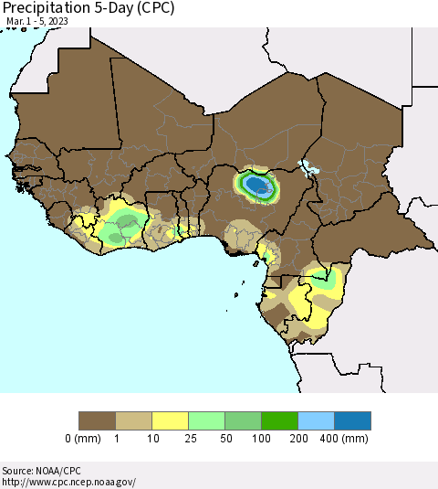 Western Africa Precipitation 5-Day (CPC) Thematic Map For 3/1/2023 - 3/5/2023