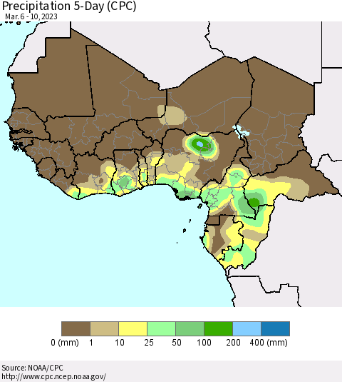 Western Africa Precipitation 5-Day (CPC) Thematic Map For 3/6/2023 - 3/10/2023