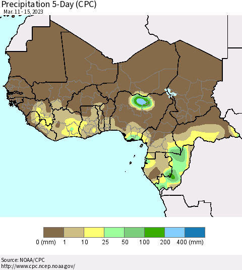 Western Africa Precipitation 5-Day (CPC) Thematic Map For 3/11/2023 - 3/15/2023