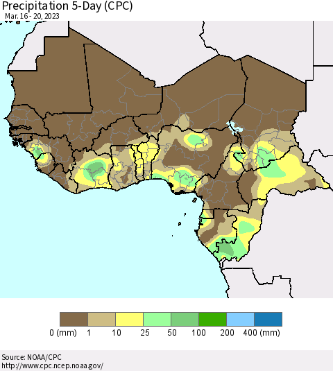 Western Africa Precipitation 5-Day (CPC) Thematic Map For 3/16/2023 - 3/20/2023