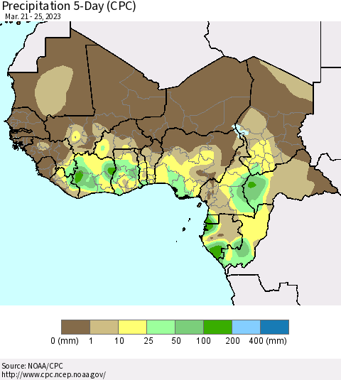 Western Africa Precipitation 5-Day (CPC) Thematic Map For 3/21/2023 - 3/25/2023