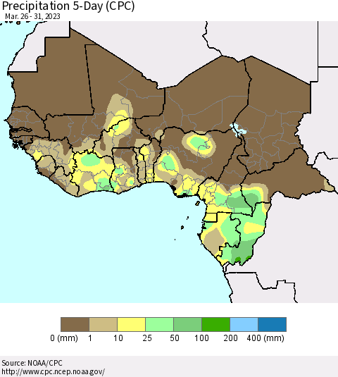 Western Africa Precipitation 5-Day (CPC) Thematic Map For 3/26/2023 - 3/31/2023