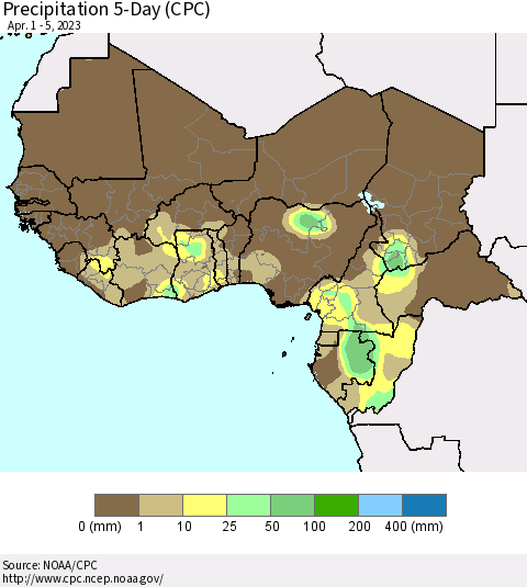 Western Africa Precipitation 5-Day (CPC) Thematic Map For 4/1/2023 - 4/5/2023