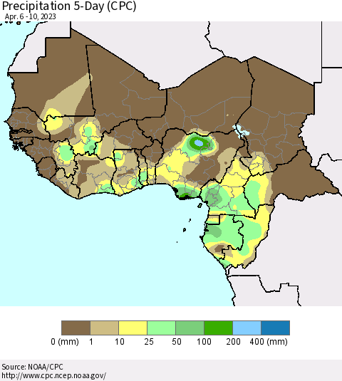 Western Africa Precipitation 5-Day (CPC) Thematic Map For 4/6/2023 - 4/10/2023