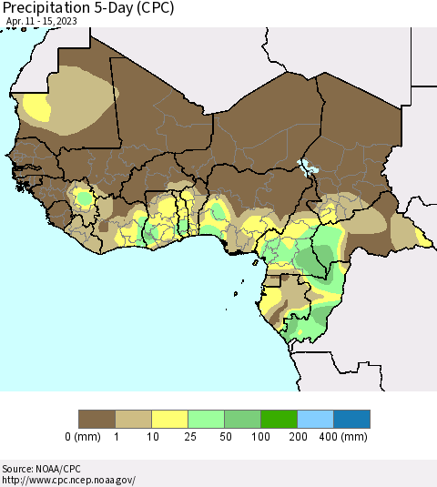 Western Africa Precipitation 5-Day (CPC) Thematic Map For 4/11/2023 - 4/15/2023
