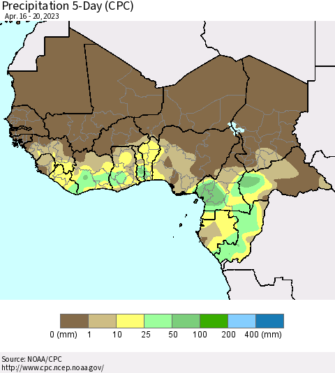 Western Africa Precipitation 5-Day (CPC) Thematic Map For 4/16/2023 - 4/20/2023