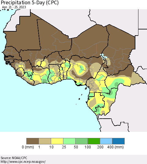 Western Africa Precipitation 5-Day (CPC) Thematic Map For 4/21/2023 - 4/25/2023