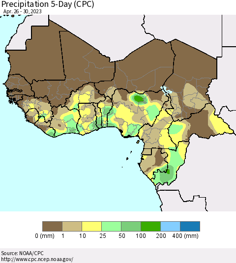 Western Africa Precipitation 5-Day (CPC) Thematic Map For 4/26/2023 - 4/30/2023