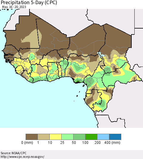 Western Africa Precipitation 5-Day (CPC) Thematic Map For 5/16/2023 - 5/20/2023