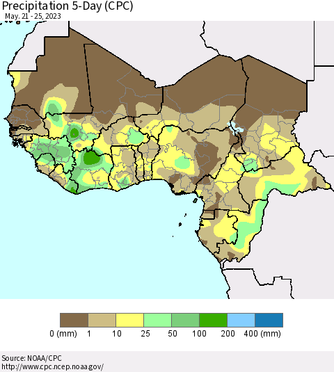 Western Africa Precipitation 5-Day (CPC) Thematic Map For 5/21/2023 - 5/25/2023