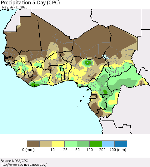 Western Africa Precipitation 5-Day (CPC) Thematic Map For 5/26/2023 - 5/31/2023
