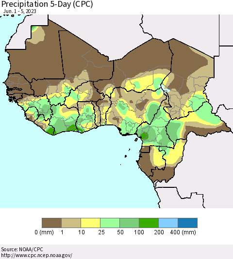 Western Africa Precipitation 5-Day (CPC) Thematic Map For 6/1/2023 - 6/5/2023