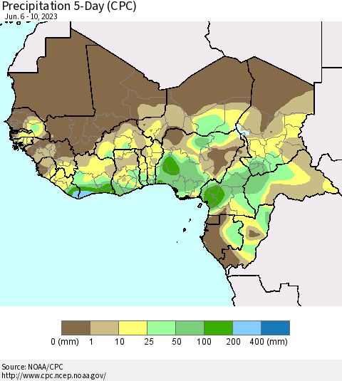 Western Africa Precipitation 5-Day (CPC) Thematic Map For 6/6/2023 - 6/10/2023