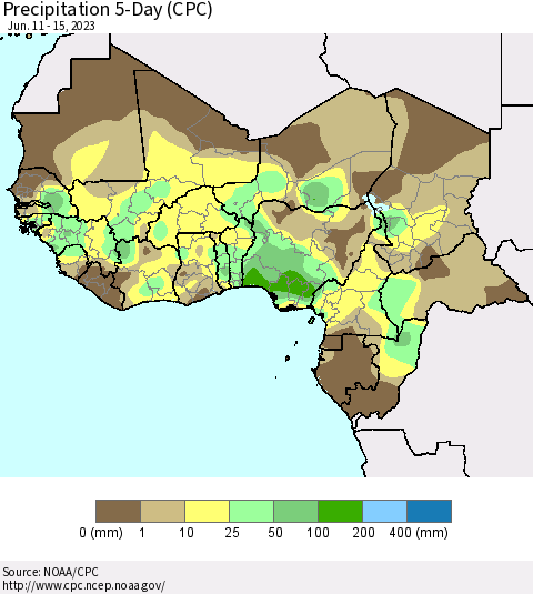 Western Africa Precipitation 5-Day (CPC) Thematic Map For 6/11/2023 - 6/15/2023