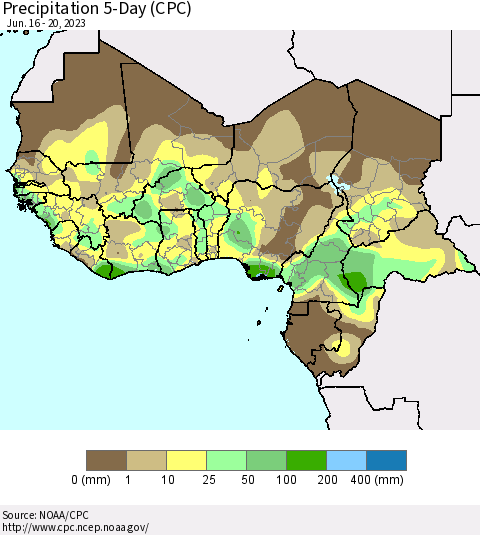 Western Africa Precipitation 5-Day (CPC) Thematic Map For 6/16/2023 - 6/20/2023