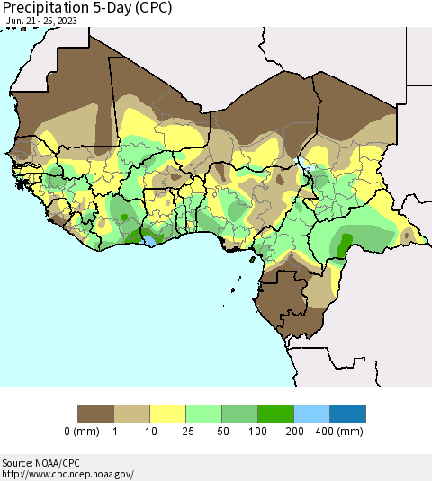 Western Africa Precipitation 5-Day (CPC) Thematic Map For 6/21/2023 - 6/25/2023