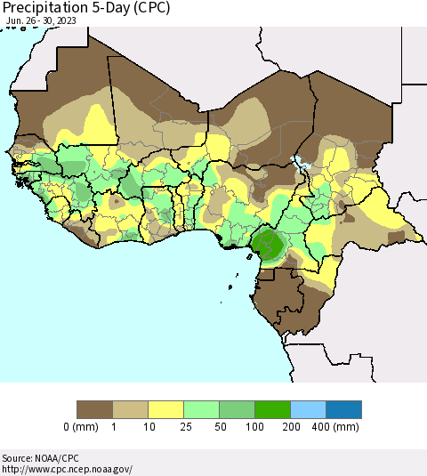 Western Africa Precipitation 5-Day (CPC) Thematic Map For 6/26/2023 - 6/30/2023