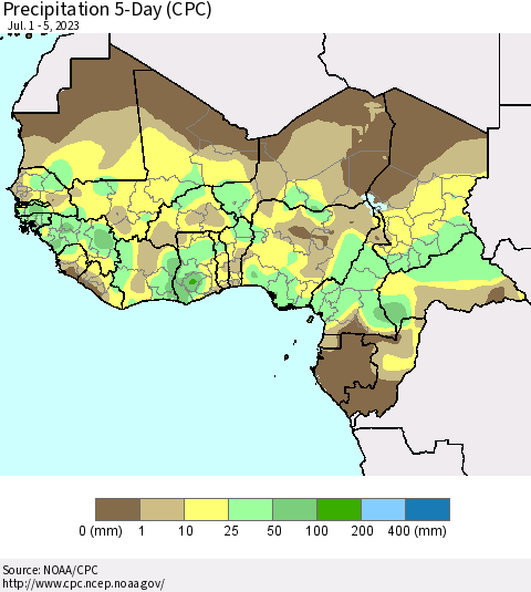 Western Africa Precipitation 5-Day (CPC) Thematic Map For 7/1/2023 - 7/5/2023