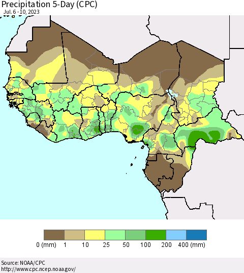 Western Africa Precipitation 5-Day (CPC) Thematic Map For 7/6/2023 - 7/10/2023